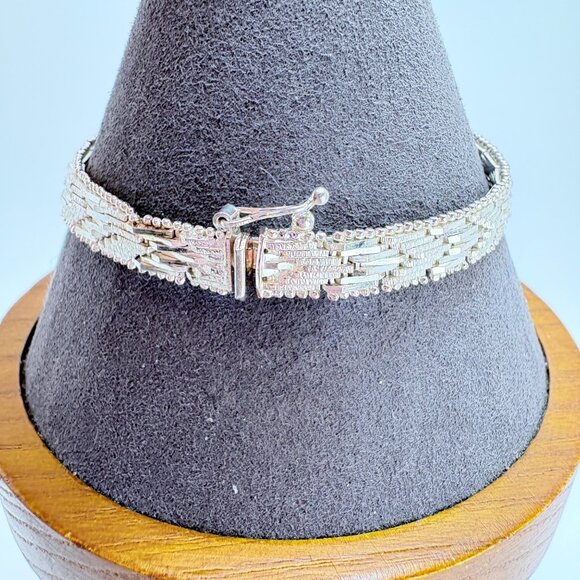 Sterling Silver 925 Interlocking Link Beaded Design Chain Bracelet Size 7.25" - Picture 3 of 11